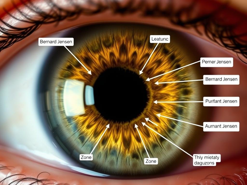 Close-up of human iris with Jensen's diagnostic markings Close-up of human iris with Jensen's diagnostic markings