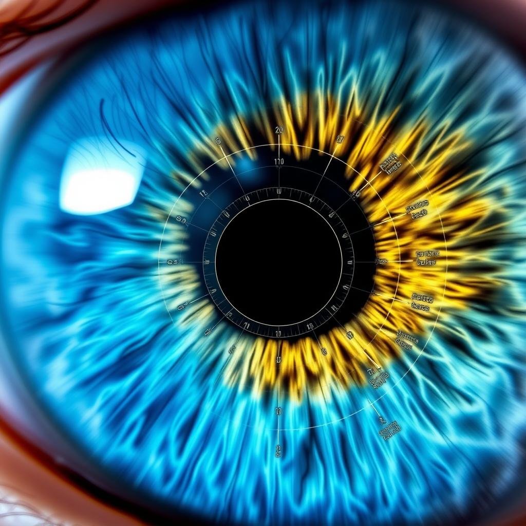 Close-up of human iris with iridology chart markings overlay