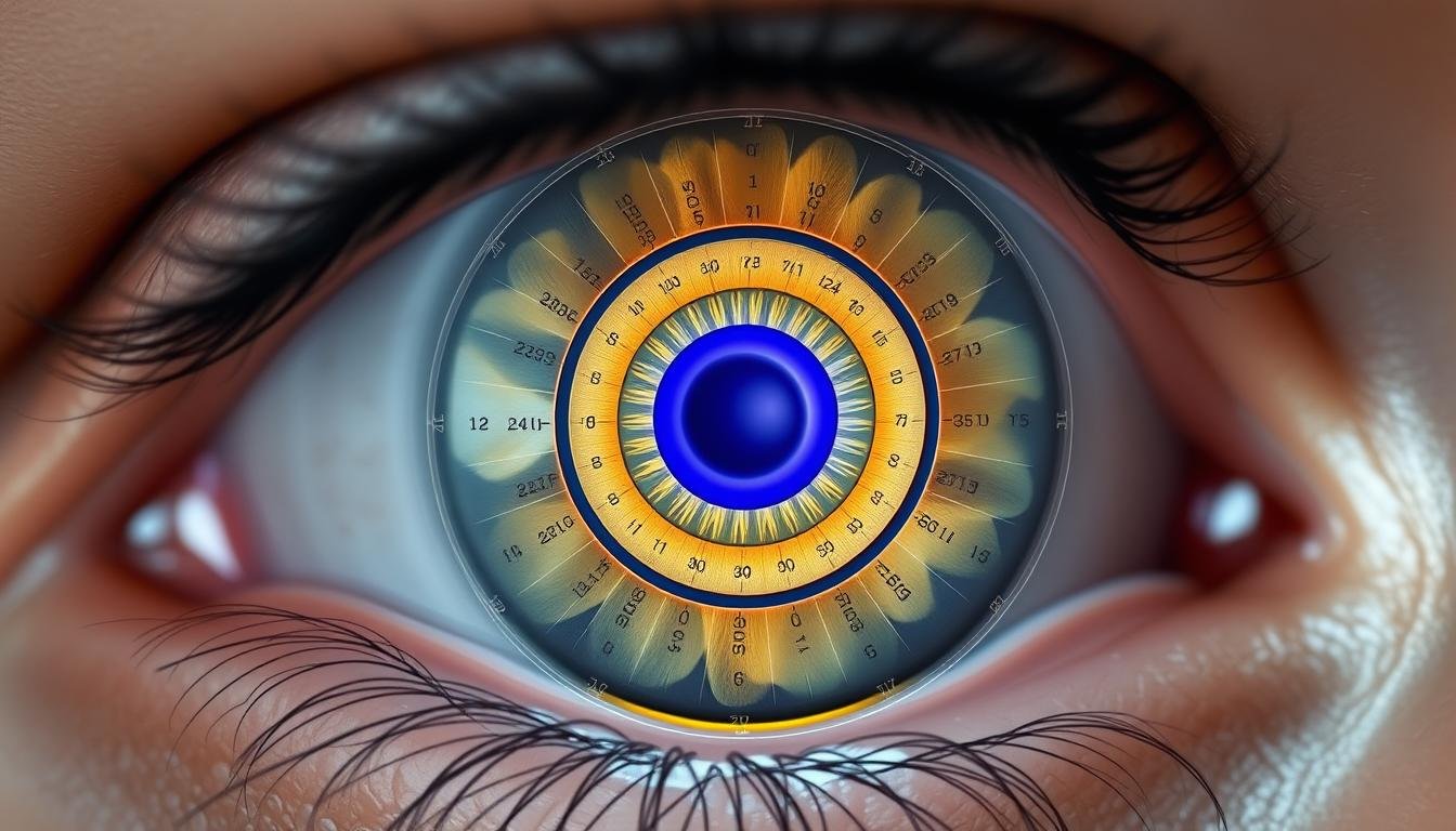 Close-up of human iris with iridology chart overlay showing hormonal zones