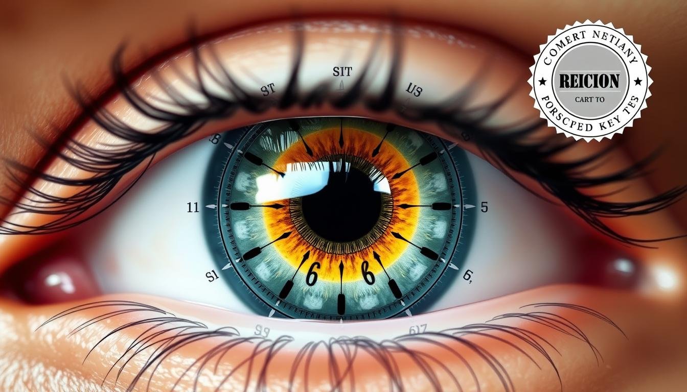 Close-up of human iris with iridology markings and certification symbols