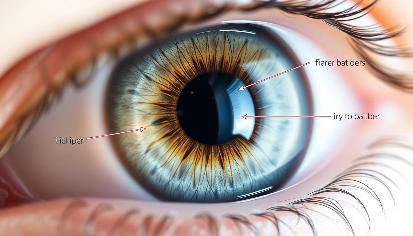 Close-up of human iris with iridology markings and terminology labels