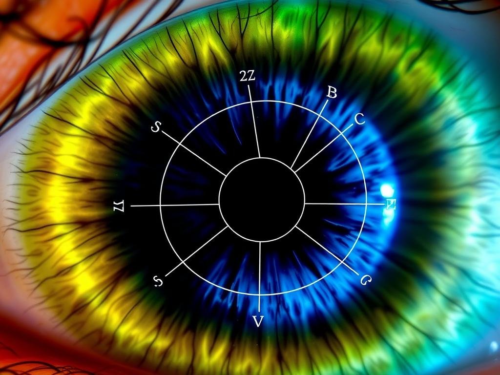 Close-up of human iris with iridology markings for nervous system
