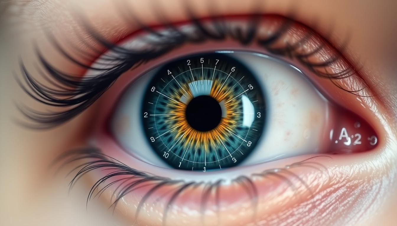 Close-up of human iris with iridology markings highlighted