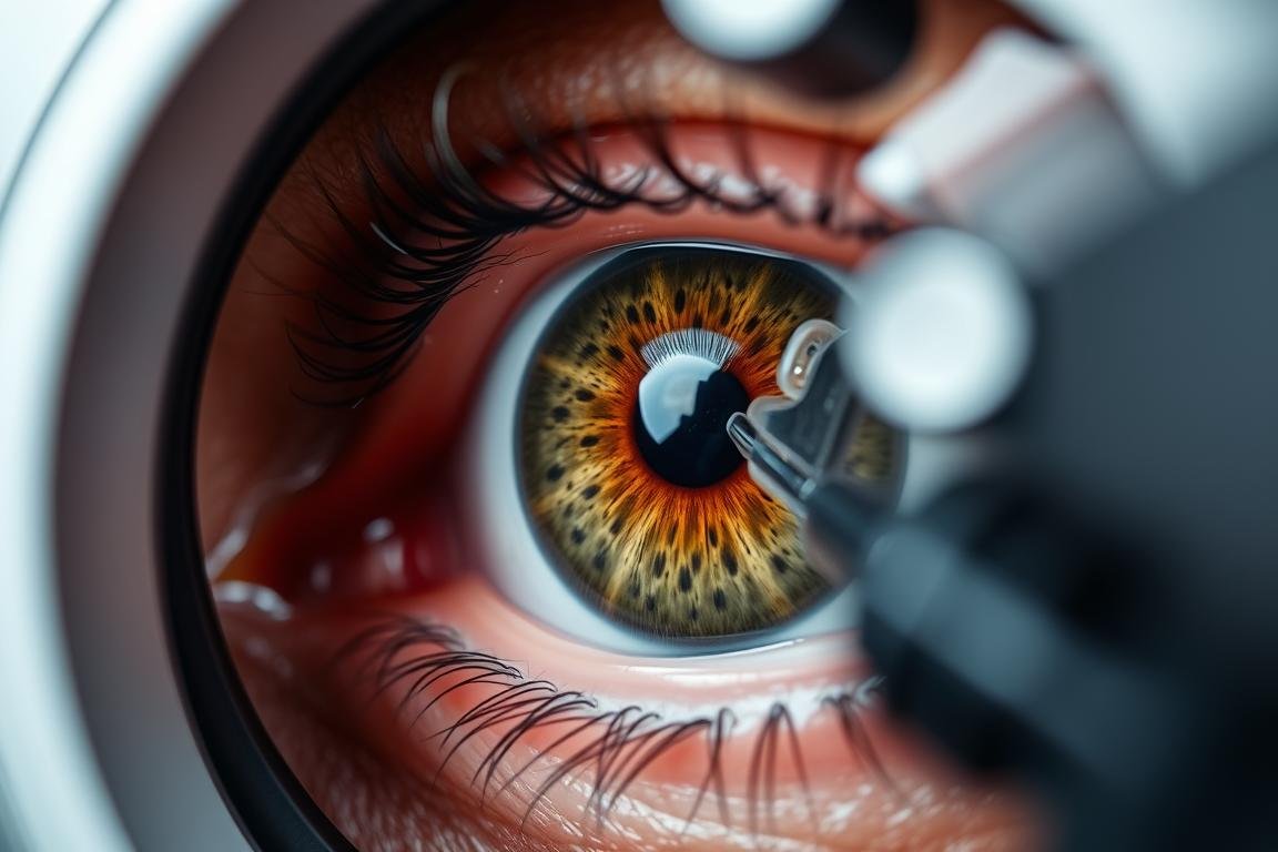 Close-up of iris examination with specialized iridology equipment