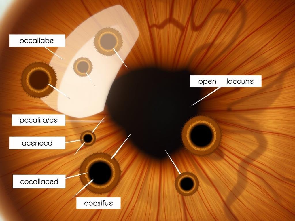 Close-up of iris lacunae (crypts) with iridology chart interpretations