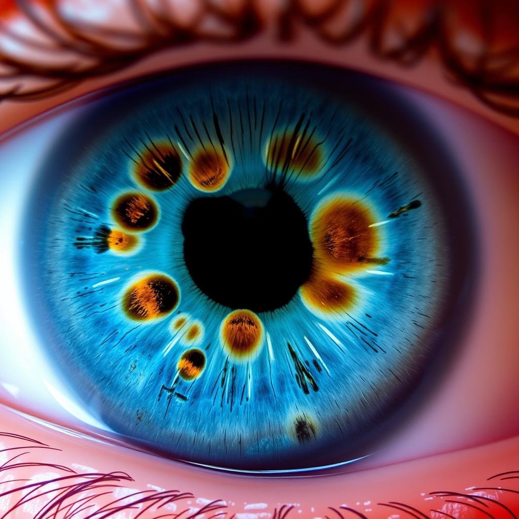 Close-up of iris showing different color pigmentations analyzed in iridology eye readings
