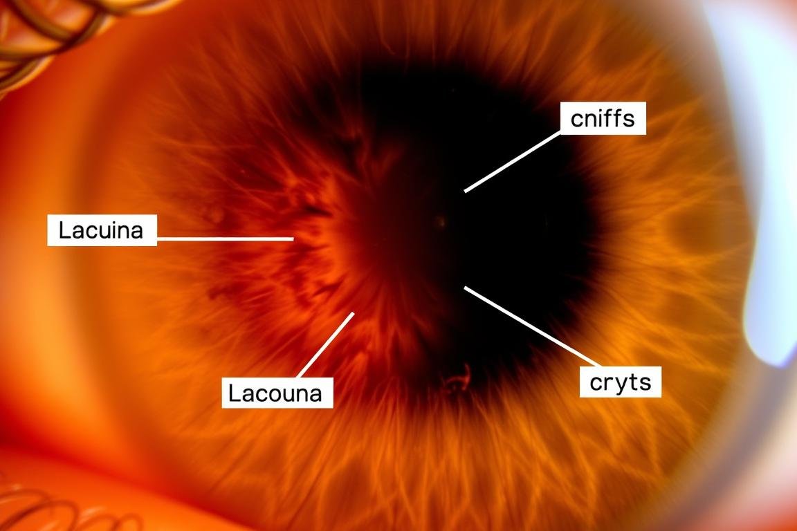 Close-up of iris showing lacunas and crypts with detailed labeling
