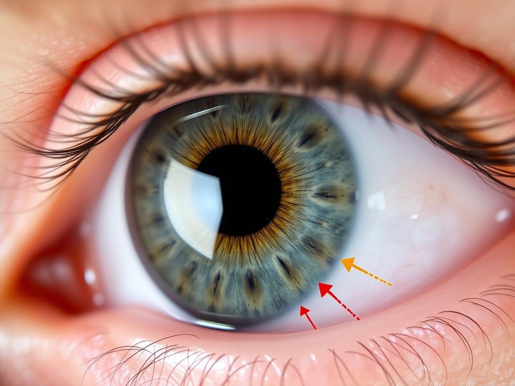 Close-up of iris showing pupil border markings and their correct interpretation on an iridology chart