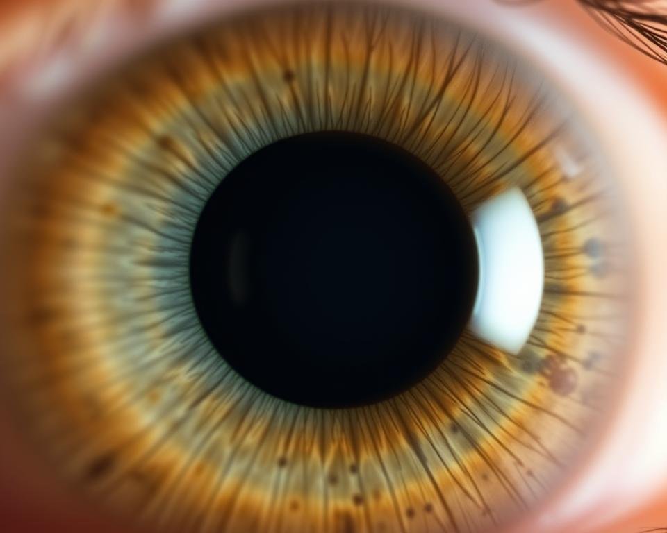 Close-up of iris showing ring around iris that may indicate high blood pressure