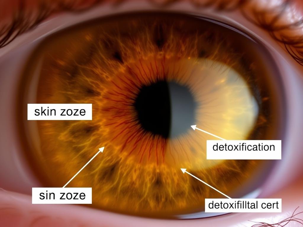 Close-up of iris showing skin-related markers according to iridology chart mapping