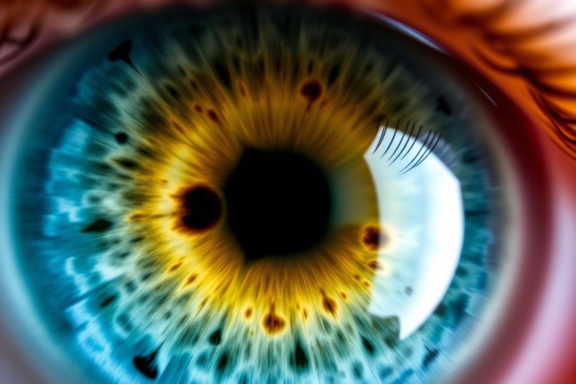 Close-up of iris showing skin-related markings according to iridology