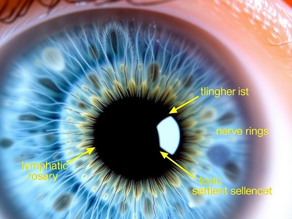 Close-up of iris showing various markings with iridology interpretations