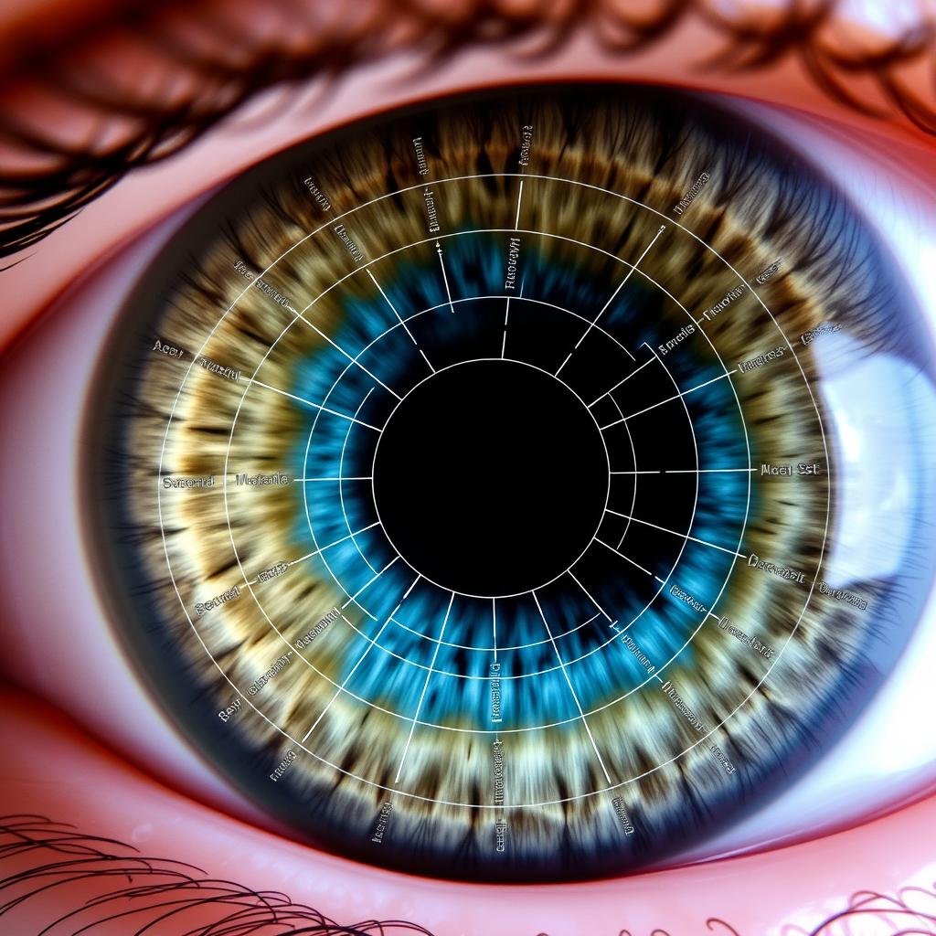 Close-up of iris with iridology chart overlay showing organ correspondences