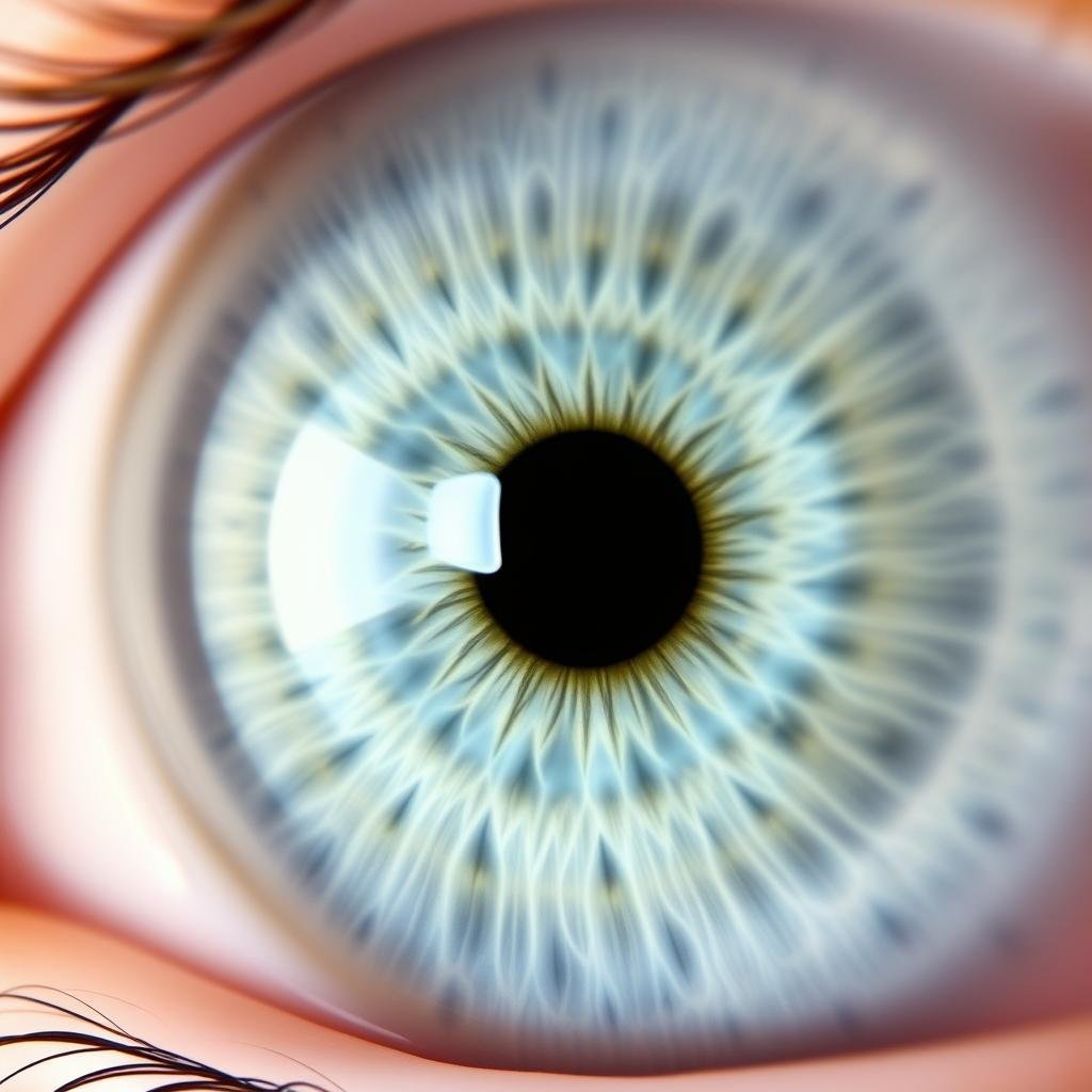 Close-up of right eye iris showing concentric rings and zones in iridology