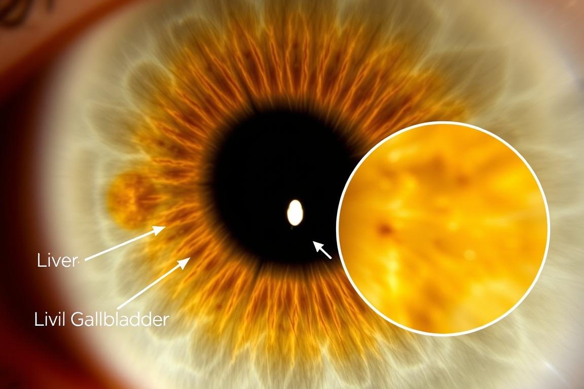 Close-up of right iris showing liver and gallbladder zones with markings