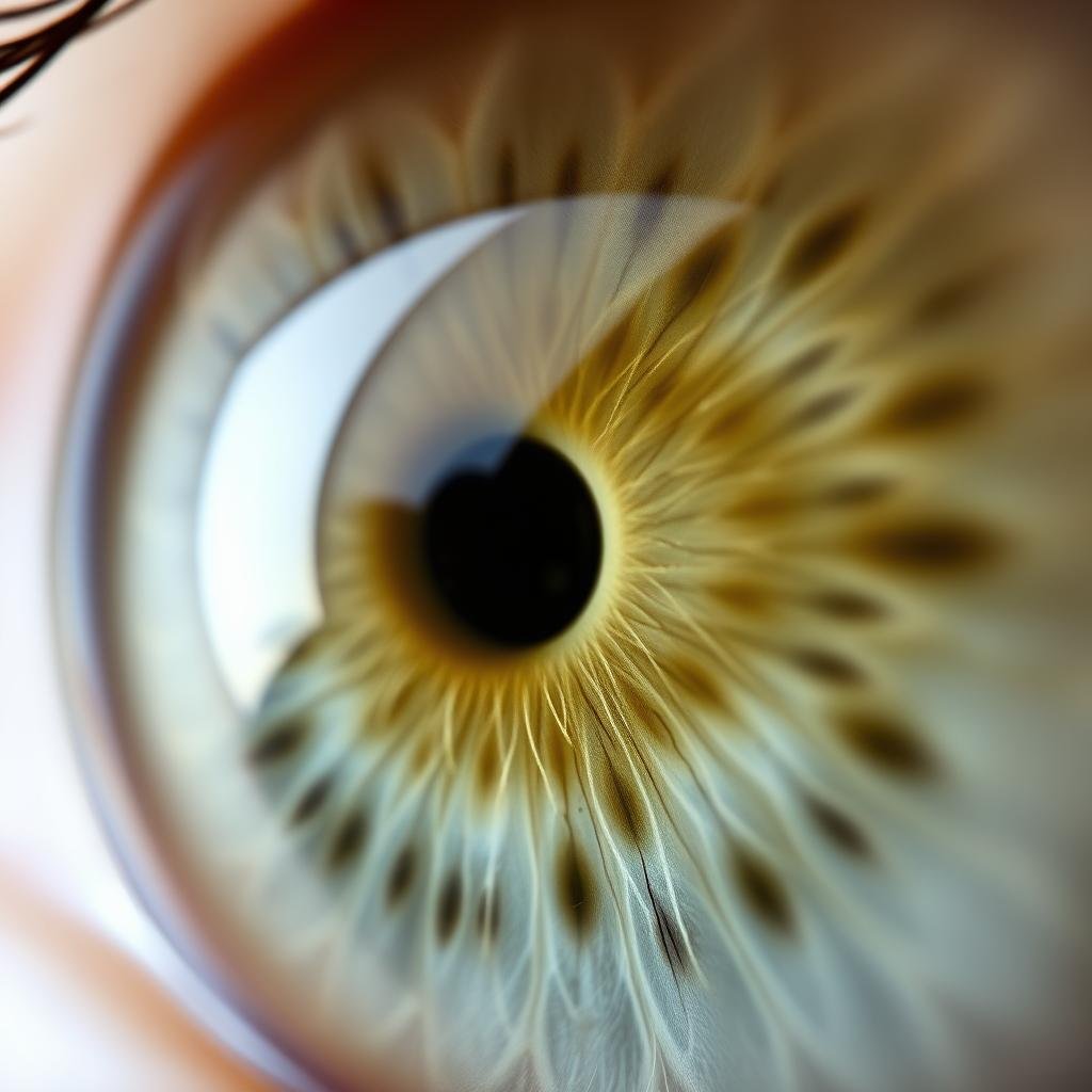 Close-up of right iris showing liver zone markers according to iridology chart mapping