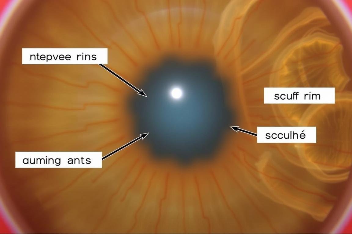 Close-up of various iris signs including nerve rings and lacunae
