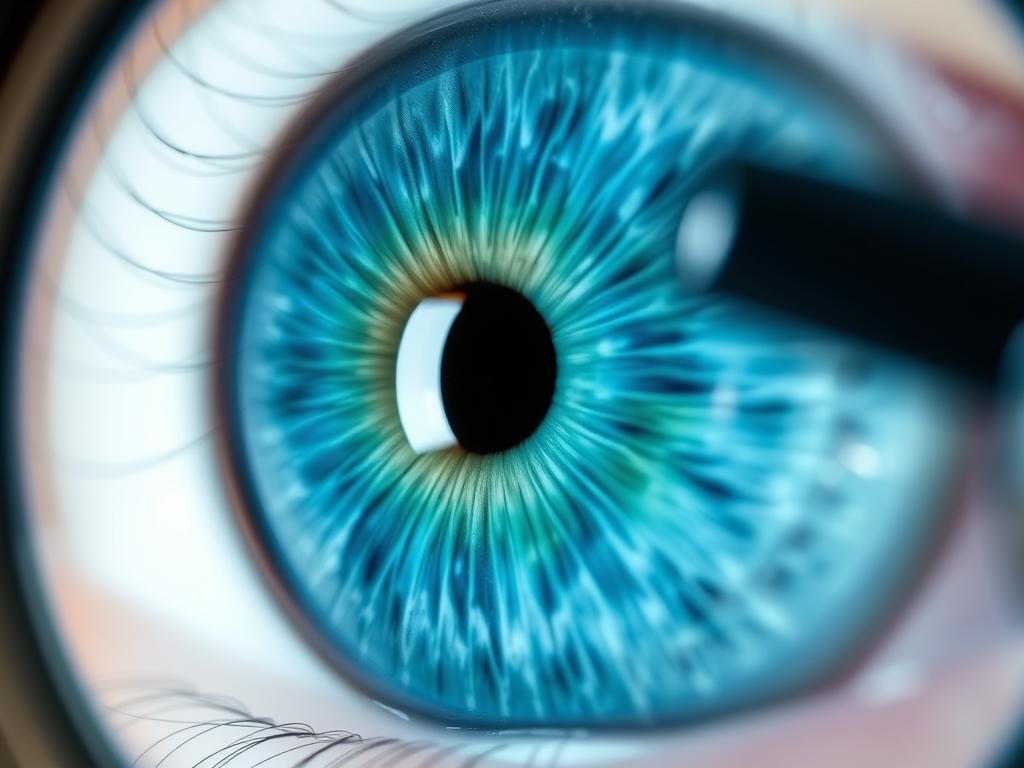 Close-up photograph of a human iris being examined with iridology equipment