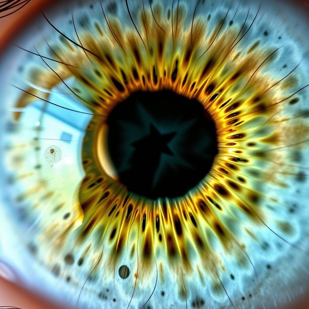 Close-up photograph of a left iris showing distinctive patterns and markings used in iridology