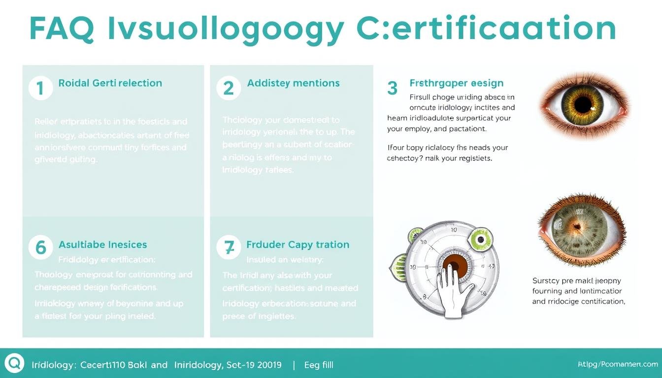 Collection of common questions about iridology certification illustrated with icons