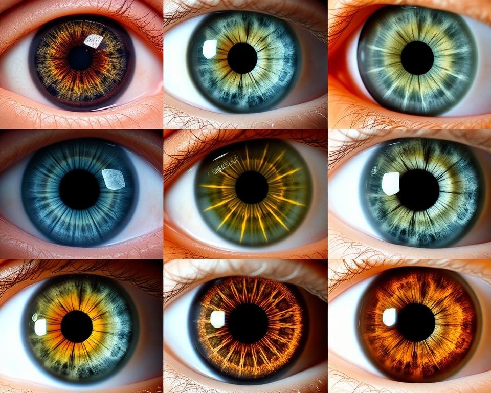 Collection of different iris patterns used in iridology eye readings showing various colors and markings