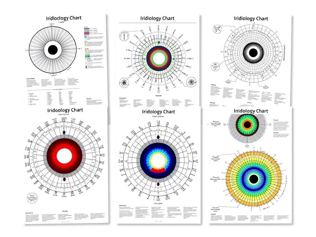 Collection of free printable iridology charts showing different styles and detail levels