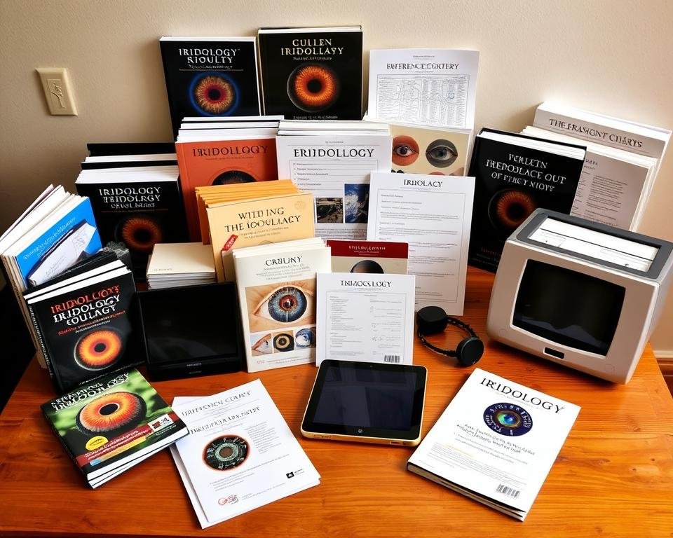 Collection of iridology resources including books, charts, and digital tools