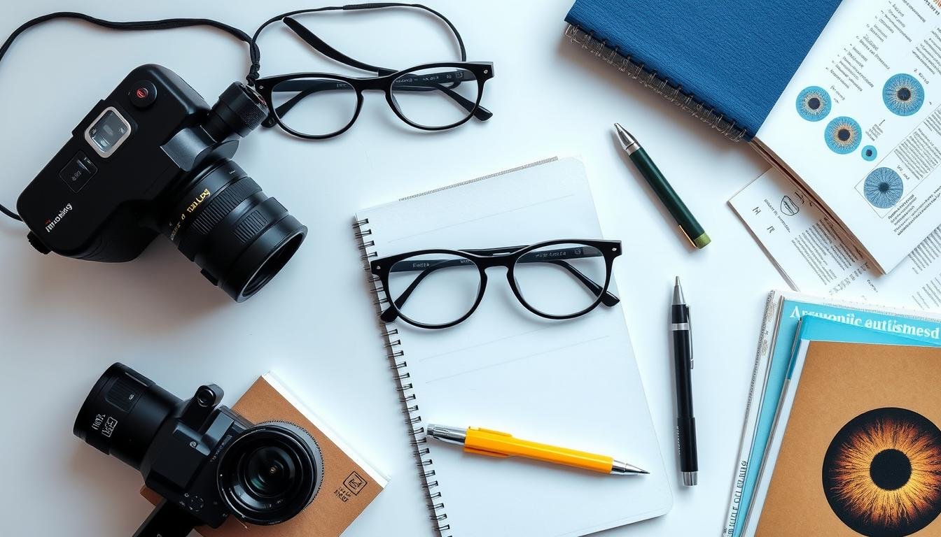 Collection of iridology tools including magnifiers, charts, and specialized cameras