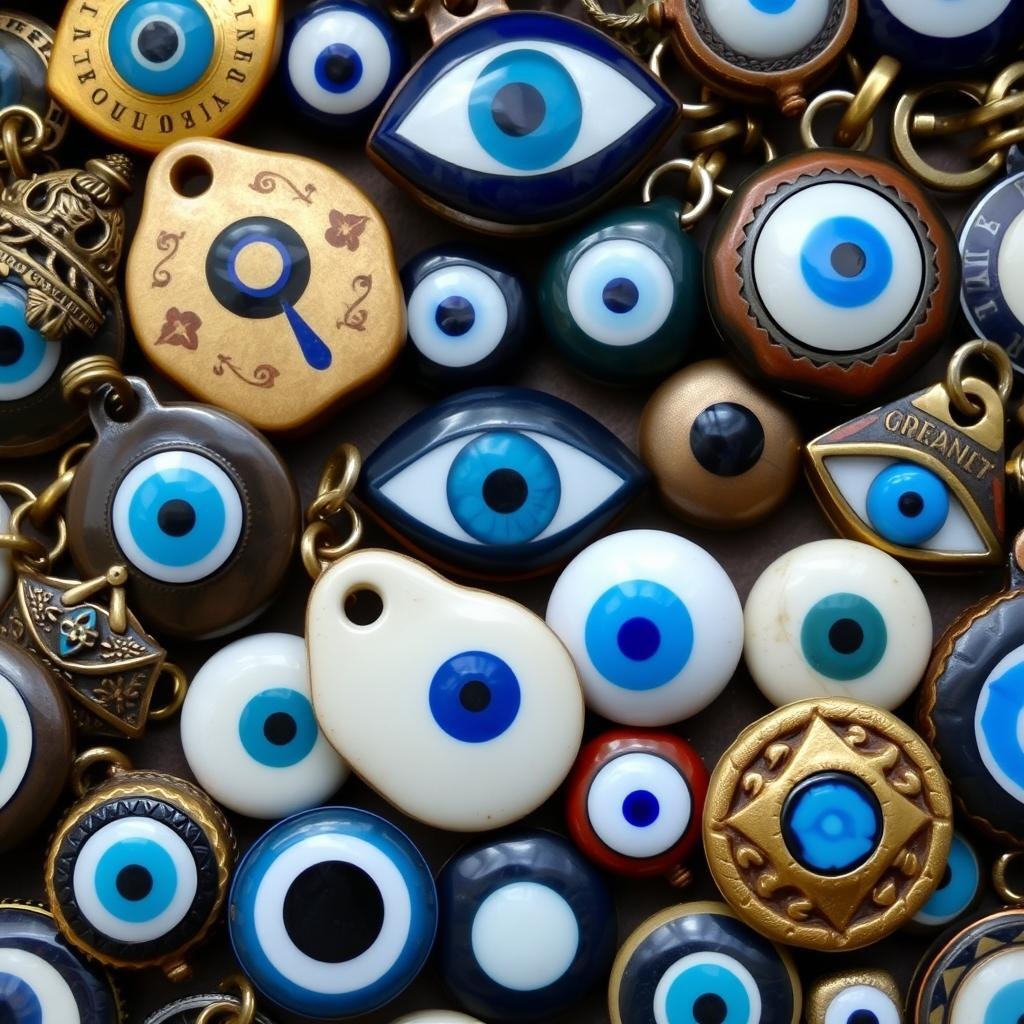 Collection of traditional evil eye amulets from different Middle Eastern cultures