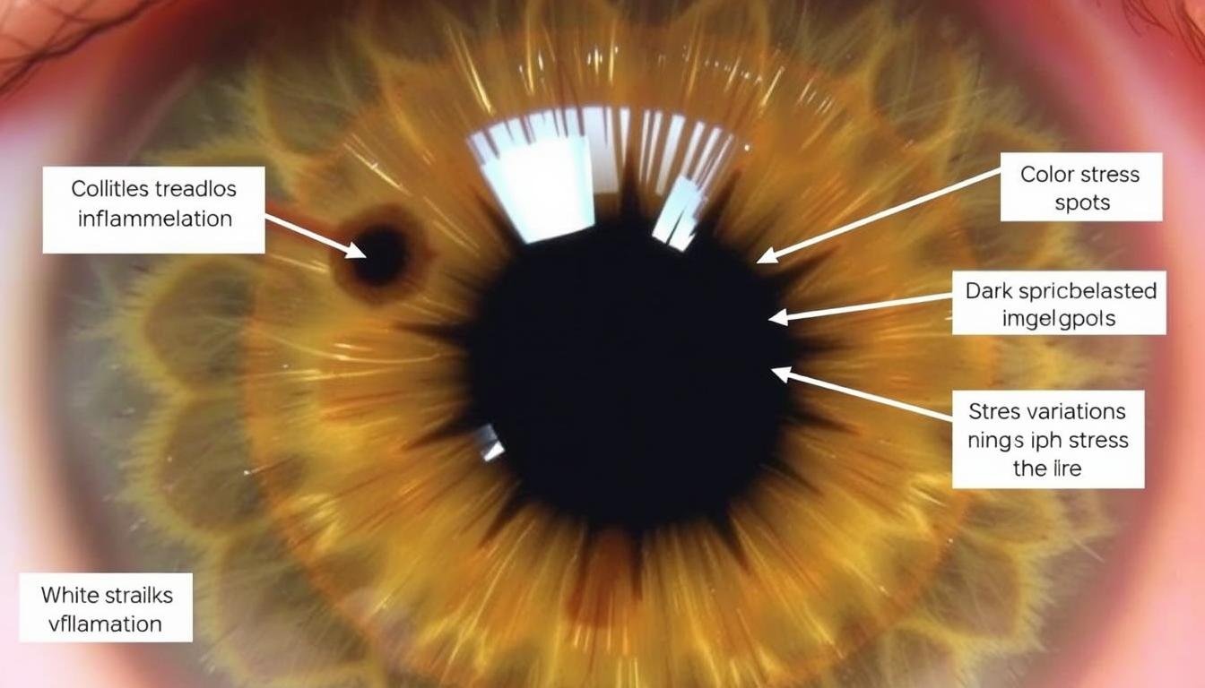 Common health indicators visible in iridology chart right eye analysis