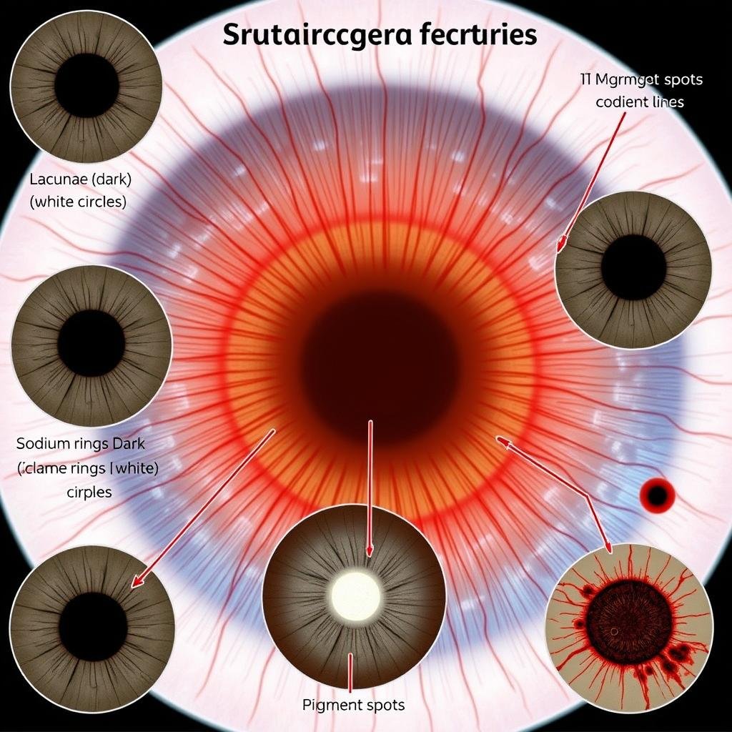 Common iridology markings and their meanings on an iridology chart