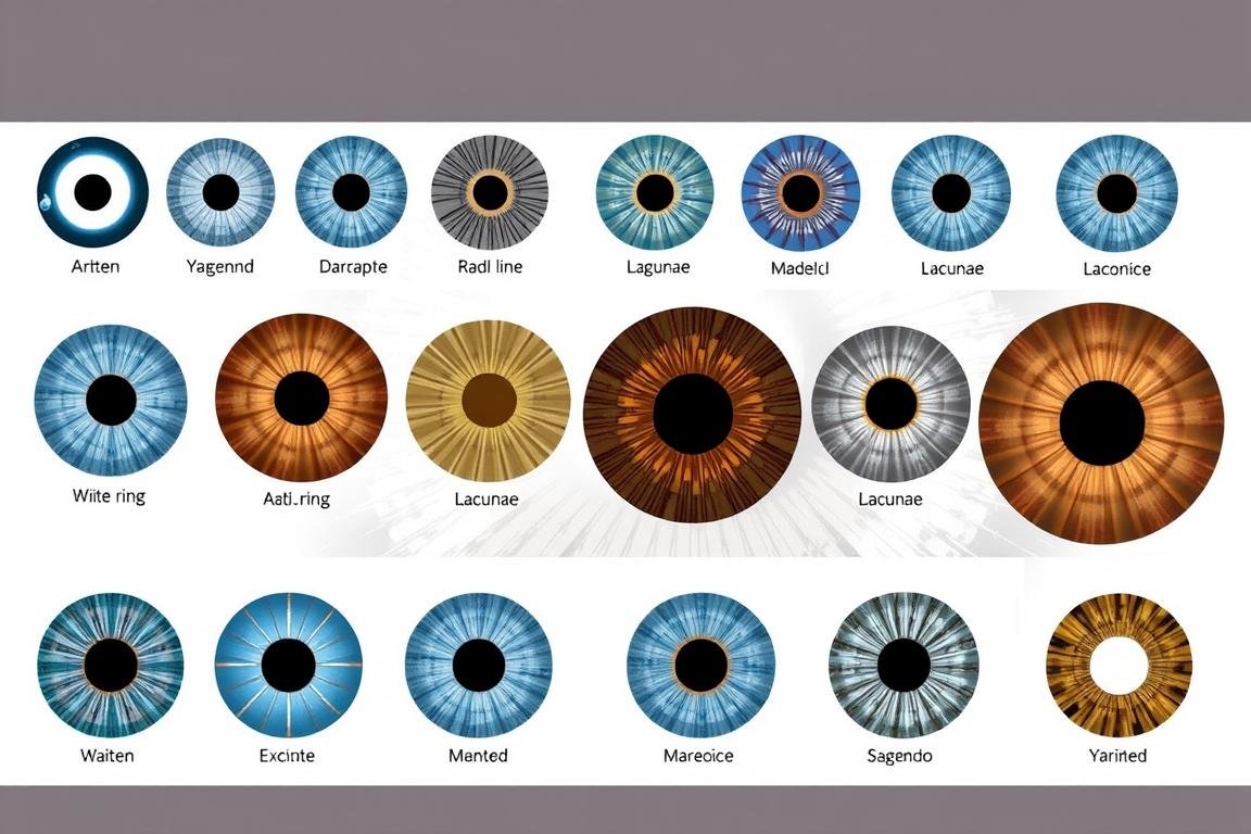 Common iris patterns and colors in Iridology Chart Right Eye analysis