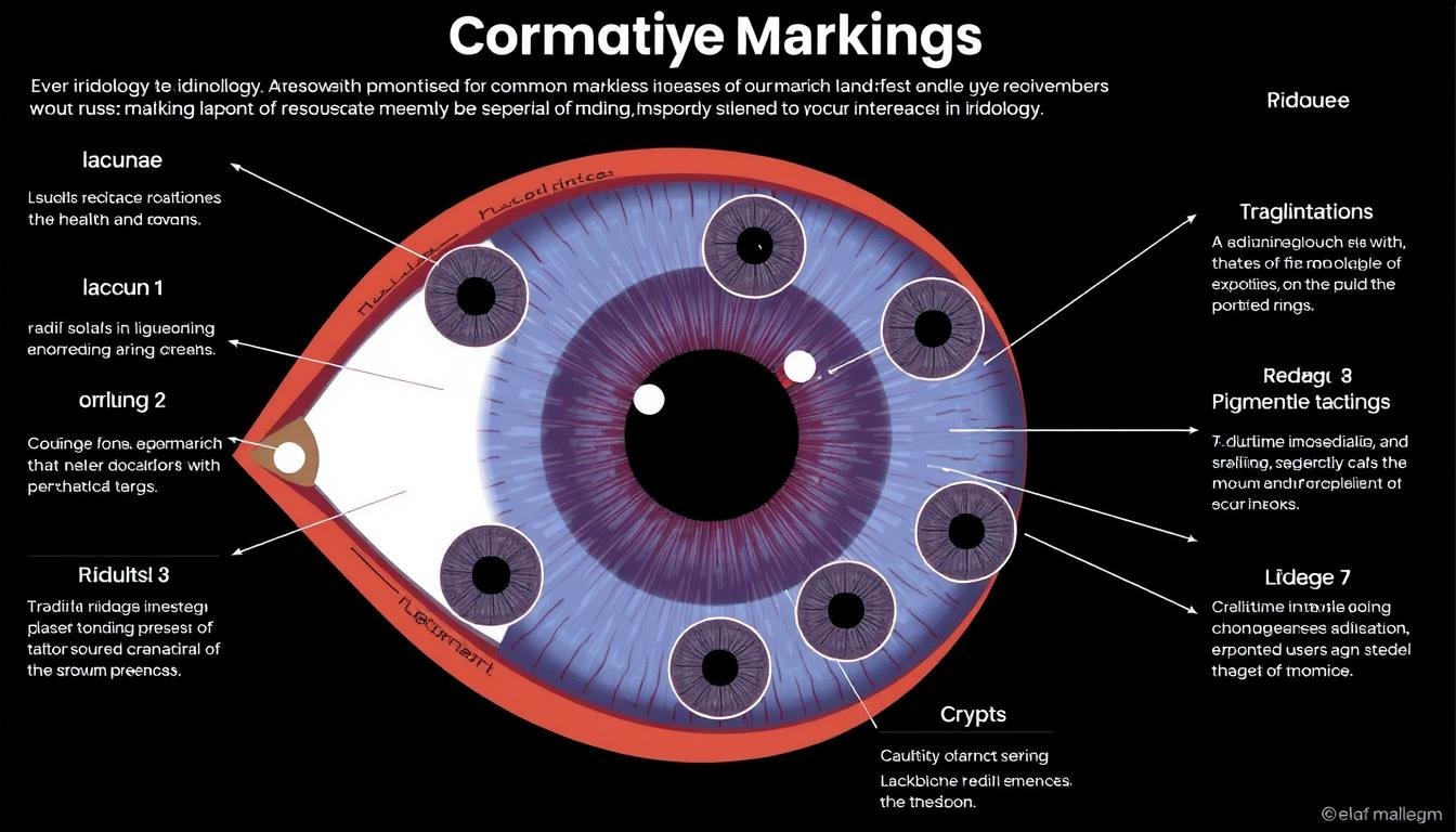 Common markings in the Right Iris in Iridology Chart with interpretations