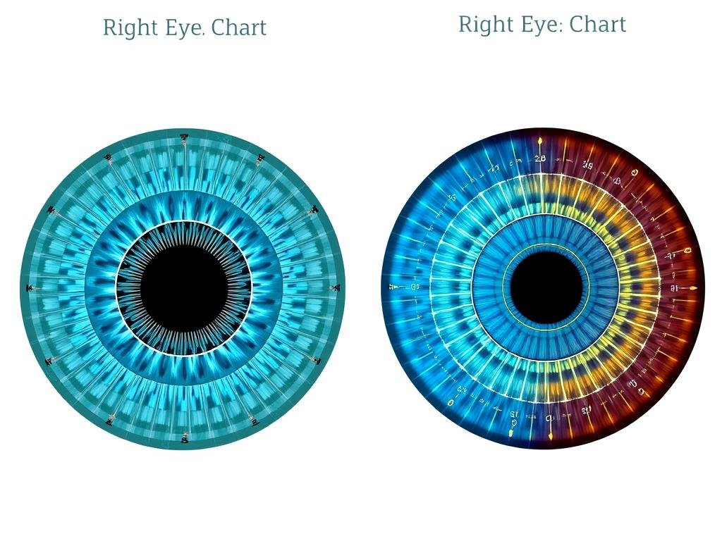 Comparison between right and left iridology eye charts showing different organ mappings