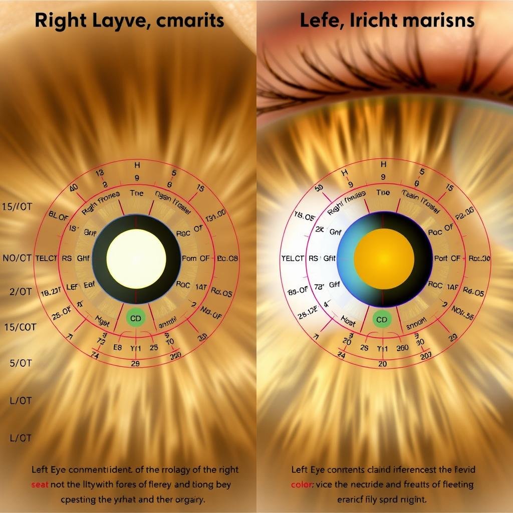 Comparison between right and left iridology eye charts showing different organ mappings