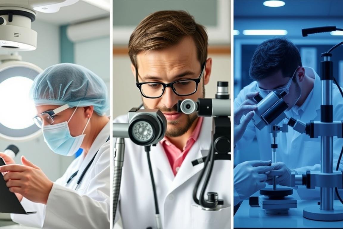 Comparison of different eye care disciplines showing ophthalmologists, optometrists, and vision scientists at work