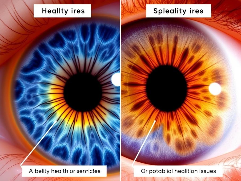 Comparison of healthy iris patterns versus iris showing potential health issues in Iridology Iris Diagnosis