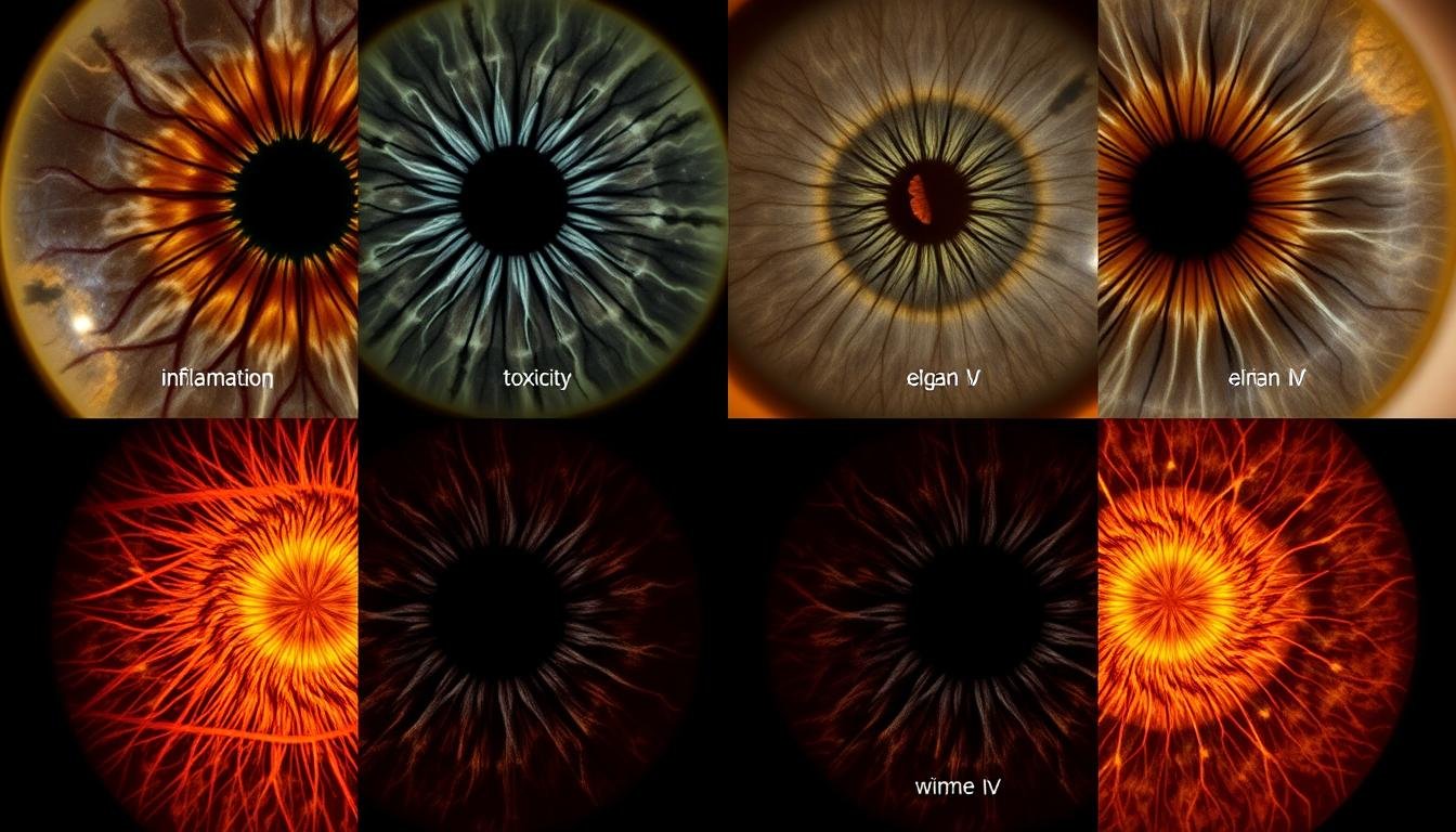 Comparison of iris patterns showing what iridologists interpret as indicators of health status