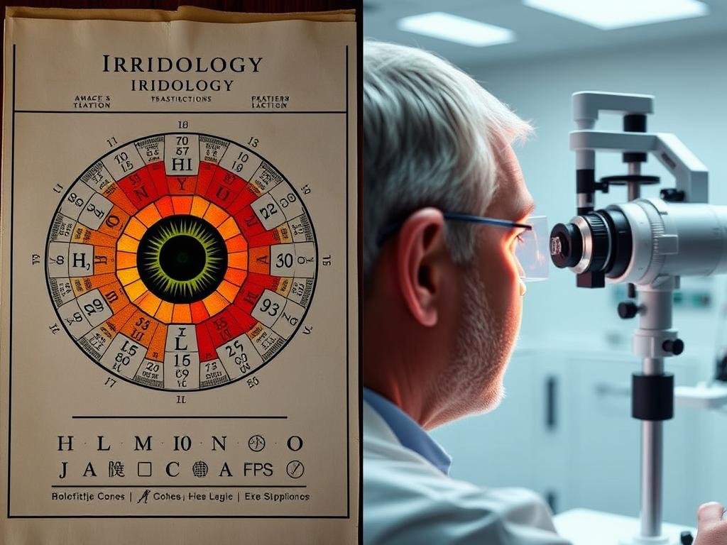 Comparison of iris patterns with medical diagnostic equipment showing the contrast between eye reading myths and scientific eye examination