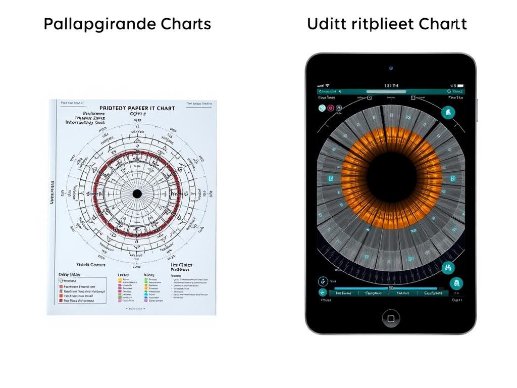 Comparison of traditional printed iridology chart beside modern digital interactive chart