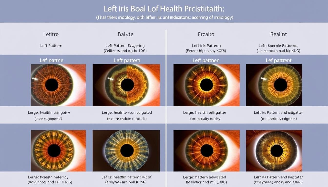 Comparison of various left iris patterns showing different health indicators according to iridology