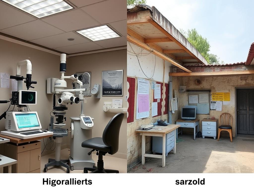 Contrast between advanced eye clinic and basic eye care facility showing healthcare disparities