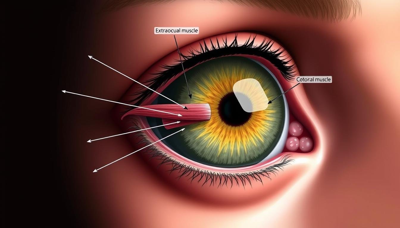 Detailed anatomy of the human eye with movement muscles highlighted