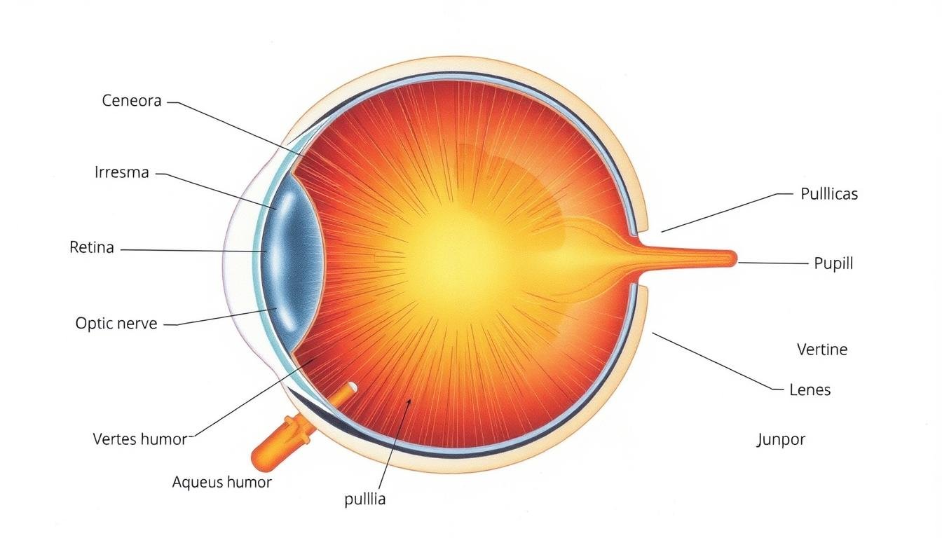 Detailed cross-section diagram of human eye anatomy showing all major components