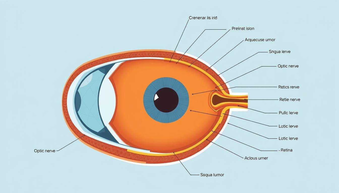 Detailed cross-section diagram of human eye anatomy showing all major structures