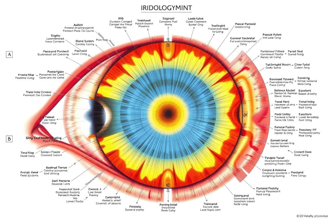 Detailed iridology chart showing different regions of the iris mapped to body systems