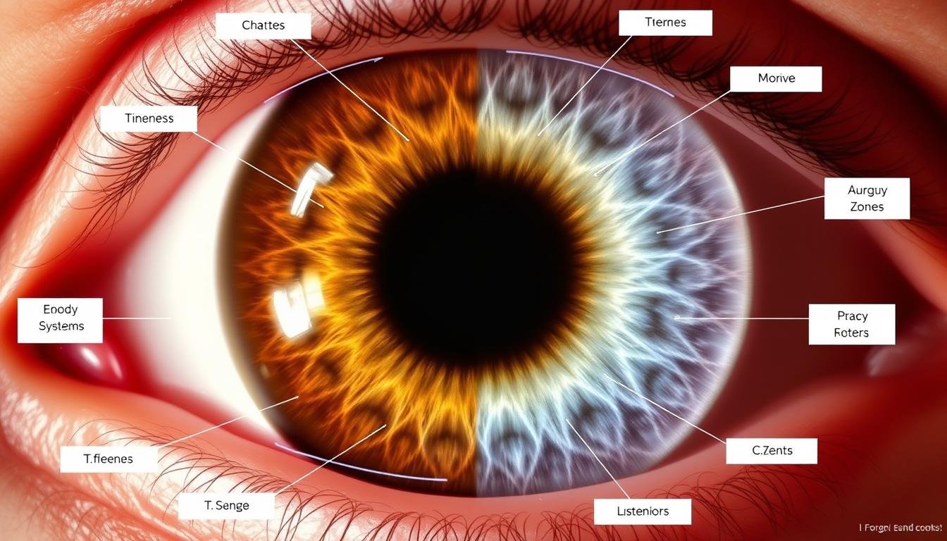 Detailed iridology chart showing different zones and their corresponding body systems