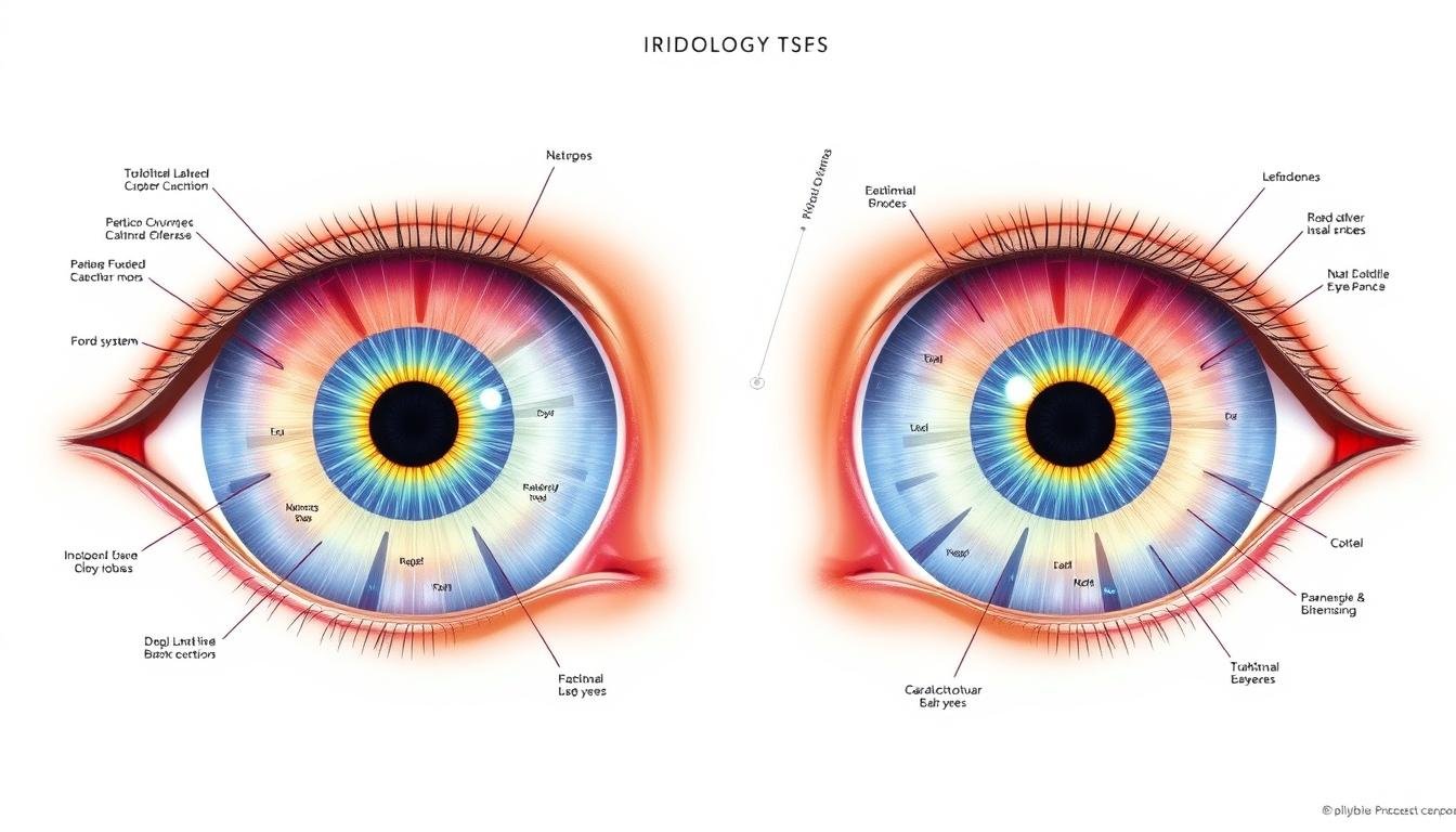 Detailed iridology chart showing different zones of the iris and their corresponding body systems
