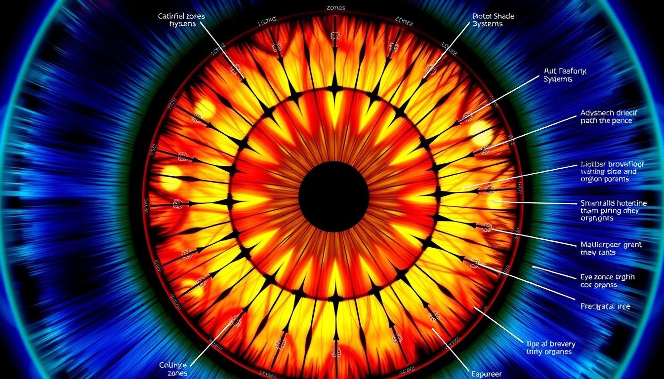 Detailed iridology chart showing different zones of the iris and their corresponding body systems