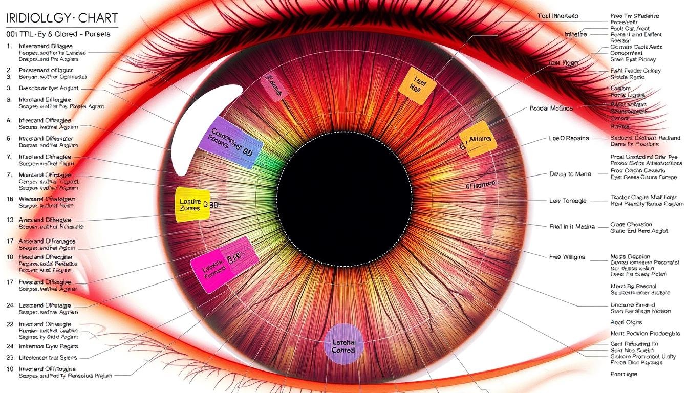 Detailed iridology chart showing different zones of the iris and their corresponding body systems